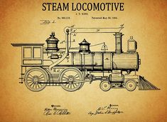 an old steam locomotive drawing on brown paper