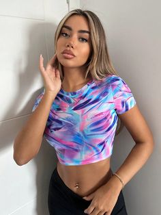 Multicolor Casual Collar Short Sleeve Mesh Fabric All Over Print  Embellished Slight Stretch Summer Women Clothing Shein Icon, Women Tops, Mesh Fabric, All Over Print, Mesh Top, Summer Women, Women Clothing, Short Sleeve Shirt, Crop Tops Women