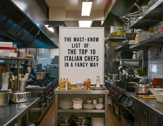 A photo of a kitchen in a restaurant. There are various cooking utensils and ingredients on the counters. In the middle of the kitchen, there's a whiteboard with the text "The Must-Know List of the top 10 Italian Chefs in a fancy way". Italian Chef, Sangria, The Top, Top 10, 10 Things