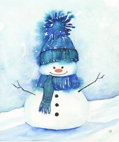 a watercolor painting of a snowman wearing a blue hat and scarf