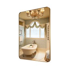 a bath tub sitting under a chandelier in a bathroom next to a window