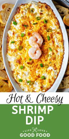 the shrimp dip is served in a white dish with crackers