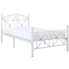 a white bed frame with no sheets on it