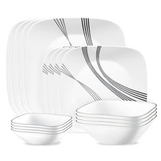 a set of white dishes with black lines on them