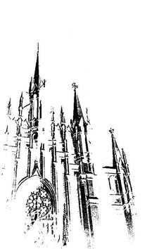 an ink drawing of a cathedral with steeples and spires on it's side