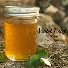 a mason jar filled with honey sitting on top of a rock next to green leaves