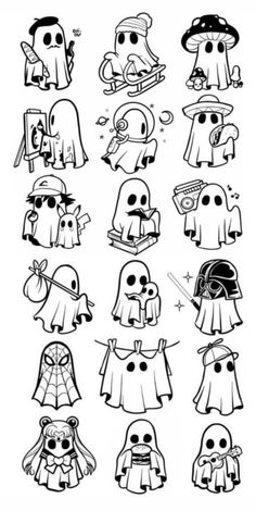 some cartoon characters that are drawn in black and white, each with different costumes on them