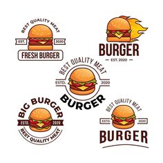 four burger logos with different types of hamburgers and buns on white background illustration