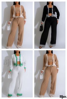 Bjux - Vacation-Ready Knitted Two-Piece Ensemble with Wide Leg Pants Casual Knit Sets For Winter, Casual White Knit Sets, Beige Knit Loungewear Sets, Fitted Knit Casual Sets, Casual Ribbed Sets For Spring, Casual Knit Sets For Spring, Casual Spring Knit Sets, Spring Casual Knit Sets, Casual Beige Pant Set For Spring