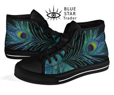 Men's/Women's High Tops Shoes So cool! Turquoise and teal peacock feather on black high top sneakers. Show your unique style with these fabulous finds! ♥ Imagine wearing these shoes when you're out running errands or having lunch with friends. These are such an attention-getter and will add some fun to your feet! All of our High-Top Shoes are custom-made-to-order and handcrafted to the highest quality standards. ► FEATURES * Full canvas double sided print with rounded toe construction. * Lace-up Peacock Shoes, Turquoise Shoes, Black High Top Sneakers, Basket Noir, Wide Width Shoes, Sneakers Athletic, Black High Tops, Peacock Feather, Black Sneakers