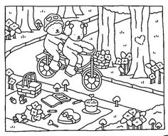 a teddy bear riding a bike in the woods with other animals and trees around it