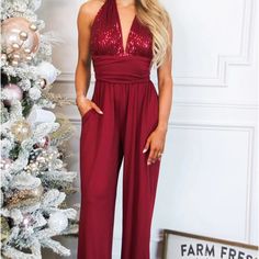 New, Never Worn. Turn On The Charm Jumpsuit: Burgundy Sequin, Size Large. Very Stretchy, Comfortable Red Stretch Jumpsuit For Party, Red Holiday Jumpsuits And Rompers For Evening, Holiday V-neck Jumpsuits And Rompers For Date Night, Fitted Jumpsuits And Rompers For Christmas, Red Stretch Jumpsuit For Date Night, Fitted Christmas Jumpsuits And Rompers, Fitted Jumpsuits And Rompers For Festive Summer, Red Holiday Jumpsuits And Rompers For Night Out, Red Jumpsuits And Rompers For Holiday Night Out