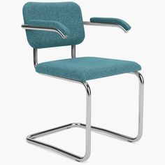 a blue office chair with chrome frame and armrests, viewed from the front