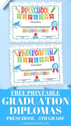 two free printable graduation diplomas with the words preschool, pre - school and third grade