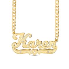 Make your style known with this personalized name necklace. Sterling silver with 14K gold plate Features your name, three to 10 characters in length, sculpted in a cursive script font A scrolling heart-centered underline shines below Hammered finish 1/15 ct. t.w. of diamonds 18.0-inch curb chain necklace; lobster claw clasp Custom Gold Nameplate Jewelry, Engraved Custom Nameplate Necklace For Anniversary, Custom Gold Name Jewelry, Custom Gold Jewelry With Name, Custom Gold Jewelry With Custom Name, Custom Gold Necklace With Name On Heart Pendant, Gold Custom Nameplate Necklace For Valentine's Day, Customized Gold Heart Name Necklace, Personalized Gold Heart Pendant Name Necklace