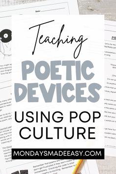 the text teaching poetry devices using pop culture on top of an open book with pencils and