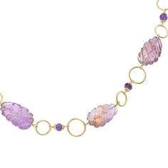 Rarities 28" Gold-Plated Carved Amethyst Bead Station Necklace  Effortless finishing touches begin with elegantly easygoing looks like this circle-link necklace and its intriguing collection of meticulously carved amethyst beads.        Approx. 28"L x 1/2"W     Stamped .925 sterling silver; yellow gold plating; polished finish      S-hook clasp    Stone Information       All sizes and weights approximate     Amethyst: Freeform (22.5x13.7-26x16mm), faceted bead (5-6mm) Elegant Amethyst Rondelle Jewelry, Elegant Amethyst Rondelle Necklaces, Elegant Amethyst Rondelle Necklace, Elegant Purple Faceted Beads Gemstones, Amethyst Briolette Necklace With Gemstone Accents, Luxury Amethyst Multi-stone Necklace, Luxury Multi-stone Amethyst Necklace, Formal Multi-stone Amethyst Necklaces, Formal Amethyst Multi-stone Necklace