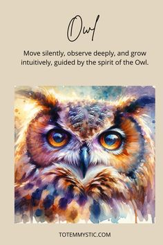 an owl with the words, out move silently, observe deeply and grow individually guided by the spirit of the owl