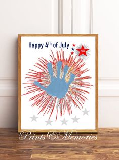 a fourth of july card with fireworks and stars in the shape of a hand on it