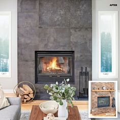 a living room filled with furniture and a fire place in front of a stone fireplace