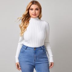 White Basics Casual  Long Sleeve Acrylic Plain Basic Tops  Slight Stretch Spring/Fall Plus Size Knitwear Comfy Jumpsuits, Plus Size Pullover, Slim Sweater, Plus Size Sweaters, Sweaters Online, Ribbed Knit Sweater, Brown Sweater, Casual Sweaters, Basic Tops