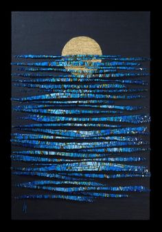 an abstract painting with blue and black lines on the bottom, in front of a full moon