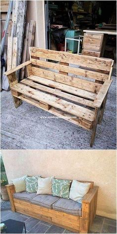 a wooden bench made out of pallets and some pillows on the ground next to it