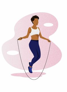 a woman with an electric jump rope in front of a pink background and white circles