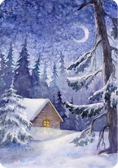 a painting of a cabin in the woods with snow on the ground and trees around it