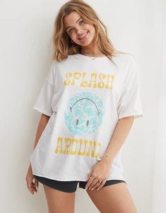 Aerie Smiley® Graphic Oversized Boyfriend T-Shirt Aerie Clothing, Smiley Graphic, Boyfriend Tshirt, Distressed Fabric, Boot Cut Leggings, Cute Graphic Tees, Cool Graphic Tees, Boyfriend T Shirt, Pinterest Closet