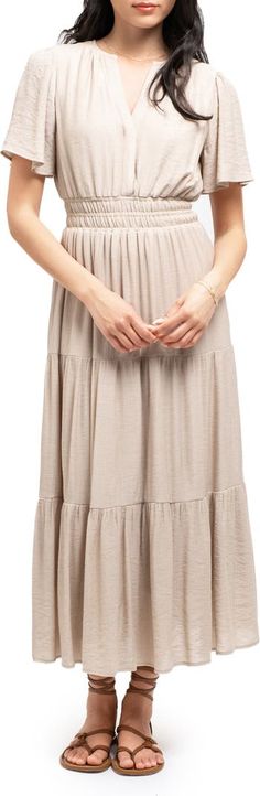 AUGUST SKY Split Neck Tiered Midi Dress | Nordstromrack Modest Flowy Tiered Dress For Summer, Modest Flowy Tiered Summer Dress, Flowy Modest Tiered Summer Dress, Solid Color Tiered Dress For Summer, Casual Tiered Dress With Layered Hem, Spring Beige Tiered Skirt Maxi Dress, Casual Layered Hem Tiered Dress, Flowy Tiered Dress With Layered Hem, Modest Maxi Dress With Elastic Waistband For Summer