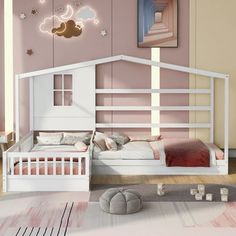 a child's bedroom with pink walls and white furniture