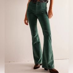 Never Worn, Reposh Because They Were Slightly Too Big Green Fitted Corduroy Bottoms, Fitted Green Corduroy Bottoms, Green Corduroy Bottoms For Fall, Fitted Corduroy Jeans For Spring, Velvet Flare Pants, Velvet Flares, Velour Pants, Green Corduroy, Printed Wide Leg Pants