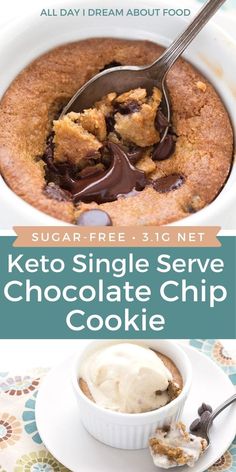 the keto single serve chocolate chip cookie is ready to be eaten with a spoon