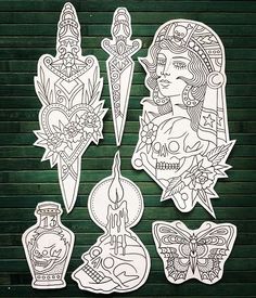 the paper cut outs are designed to look like tattoos and other things that have been drawn on