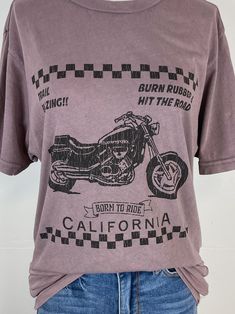 Rev up your style with our Vintage Motorcycle Tee in Zinc! This graphic tee is both cute and comfy, featuring a bold motorcycle graphic and trendy mineral wash. Perfect for adding some edge to any outfit. Ride in style! Due to mineral washing color may vary Length: 28" 100% Cotton Brand: BLT Motorcycle Graphic Tee, Tshirt Inspiration, Inspirational Tshirts, Vintage Motorcycle, Vintage Tshirts, In Style, Graphic Tee, Graphic Tees, T Shirt