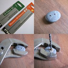 four pictures showing how to make a rock with metal parts and tools on the table