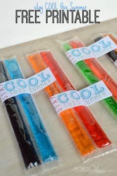 four different colored plastic tubes with the words free printable on them