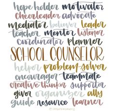 the word school counselor written in different colors and styles on a white background with gold lettering