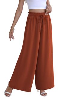 PRICES MAY VARY. Material: Made from super soft,comfy,lightweight fabric that's gentle on your skin. Not stretch, not see-through and won't wrinkle easily or shrink after washing. Enjoy all-day comfort in these loose, flowy wide leg trousers. Chic Design: Wide leg palazzo pants are effortlessly stylish, with flexible elastic high waistband and drawstring for maximum adjustability and comfort. Flattering and flowy, casual linen lounge pants are perfect for any occasion. Style: Paper bag pants, wi Comfortable Solid Color Wide Leg Pants For Fall, Comfortable Solid Wide Leg Pants For Fall, Solid Color Non-stretch Wide Leg Pants With Pull-on Style, Solid Wide Leg Pants With Pull-on Style, Comfortable Versatile Solid Pants, Comfortable Solid Color Pull-on Pants, Comfortable Solid Pull-on Style Pants, Comfortable Non-stretch Solid Wide Leg Pants, Comfortable Versatile Pants