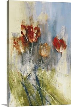 an abstract painting of red flowers in a vase