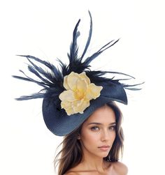 Navy Blue Yellow Feather Flower Ladies Royal Ascot Fascinator Hat Headband Womens Kentucky Derby Headpiece Day Headwear Wedding Church Hats Hats By Cressida Kentucky Derby & Ascot Fascinator Hats Navy Blue & Yellow Jeanine Flower Feather Fascinator Gorgeous array of navy feathers surround a large yellow magnolia flower set on a round soft navy base.  Base measures 14 inches wide This yellow and navy blue headpiece is mounted with a matching headband. If you prefer a headband to match your hair, Elegant Flower Headpiece For Kentucky Derby, Elegant Flower Headpieces For Kentucky Derby, Summer Blue Headpiece With Handmade Flowers, Elegant Adjustable Flower Mini Hats, Spring Blue Mini Hats With Handmade Flowers, Blue Fascinator With Handmade Flowers For Kentucky Derby, Elegant Flower Mini Hat For Kentucky Derby, Elegant Mini Flower Hat For Kentucky Derby, Elegant Flower Shape Fascinator For Races