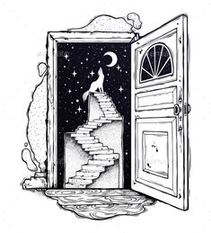 an open door with stairs leading to the moon and stars in the sky - miscellaneous illustrations