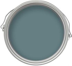 a blue paint can with white trim on the top and bottom, it's dark green