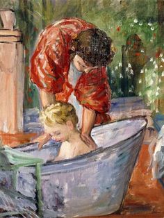 a painting of a woman and child in a bathtub