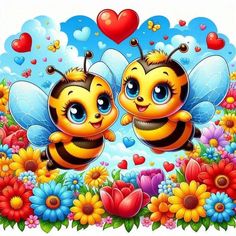 two bees are standing next to each other in the grass with flowers and hearts around them