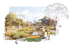 an artist's rendering of a park with people walking and birds flying over it