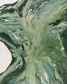 an abstract painting in shades of green, white and blue with swirls on the surface