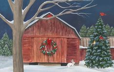 a painting of a red barn with wreaths on the front and trees in the background