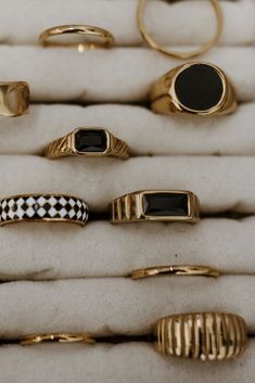 Every Ring Collection needs a black statement ring. This is it. 18k Rich Gold Plated Stainless Steel Filled Water-resistant Tarnish Free Safe to wear in the shower Hypoallergenic for my sensitive skin girls. Luxury Bronze Ring As Gift, Dark Feminine Gifts, Luxury Black Enamel Ring Modern Style, Luxury Yellow Gold Onyx Ring, Gold Rings Handmade, Stacked Gold Rings Aesthetic, Oxidised Rings Aesthetic, Black Onyx Gold Ring, Jewlrey Aesthic Black Women